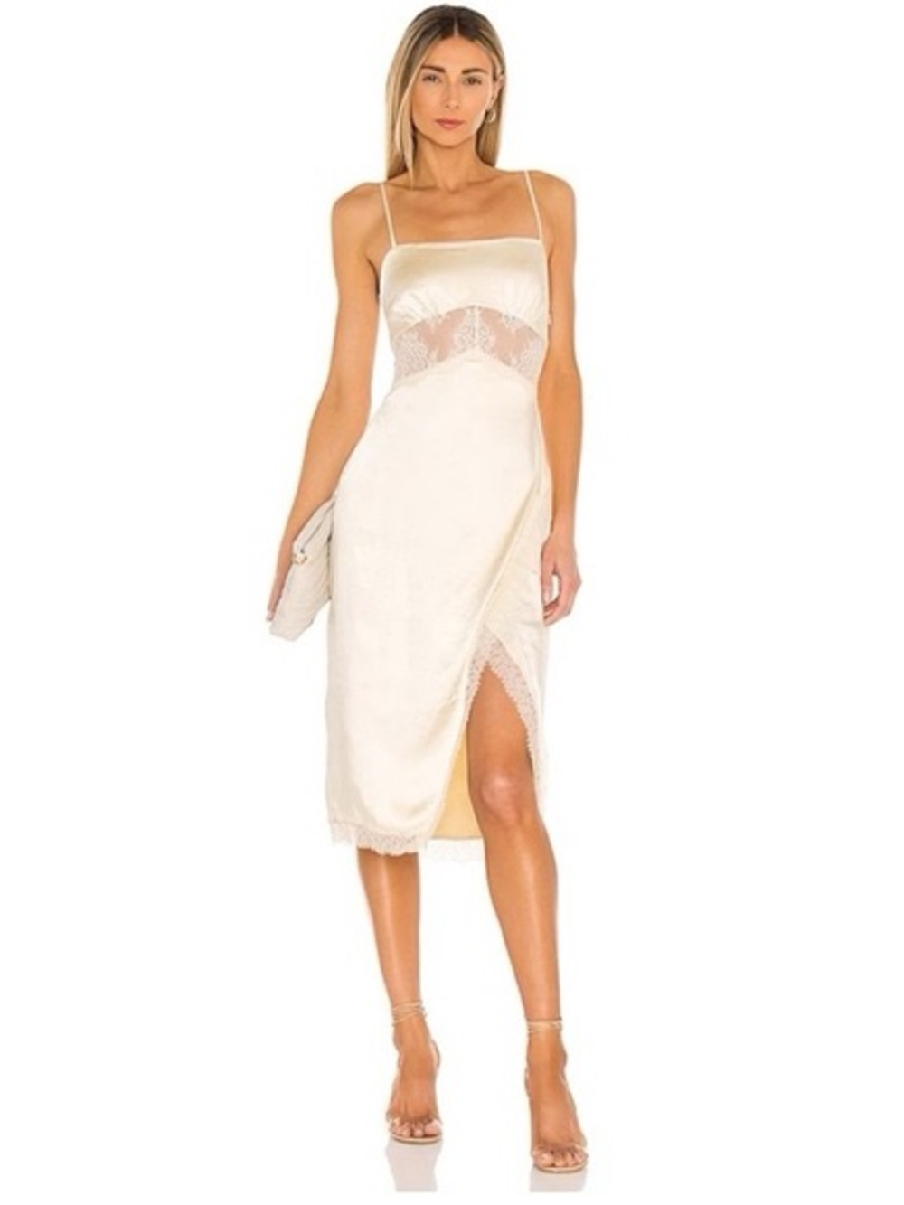 Song of Style Mala Satin Slip Lace Inset Midi Dress Pearl Beige Small Revolve